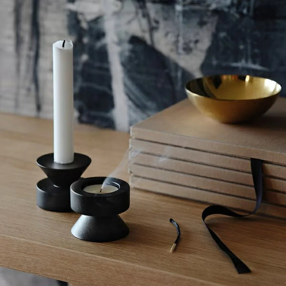 2Pcs Metal Candle Holder Round Base Dining Table Bedroom Study Tealight Candle Stand - Black - 2