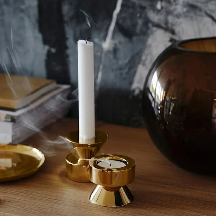 2Pcs Metal Candle Holder Round Base Dining Table Bedroom Study Tealight Candle Stand - Brass Color - 2