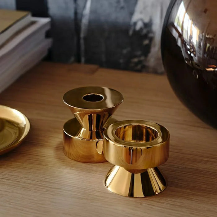 2Pcs Metal Candle Holder Round Base Dining Table Bedroom Study Tealight Candle Stand - Brass Color - 3