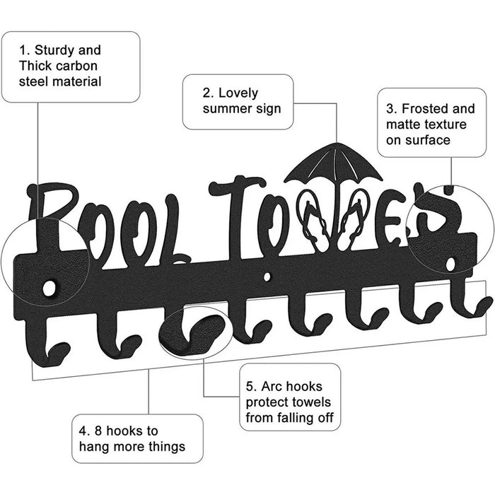 Wall Mounted Towel Rack 8 Hooks Hanger for Bathroom Pool Shower Clothes Key Holder Storage Organizer - 2