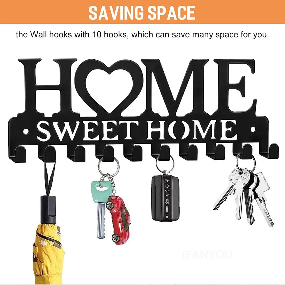 Carbon Steel HOME Creative Key Holder Wall Mount Rack with 10 Hooks Storage Organizer - 5