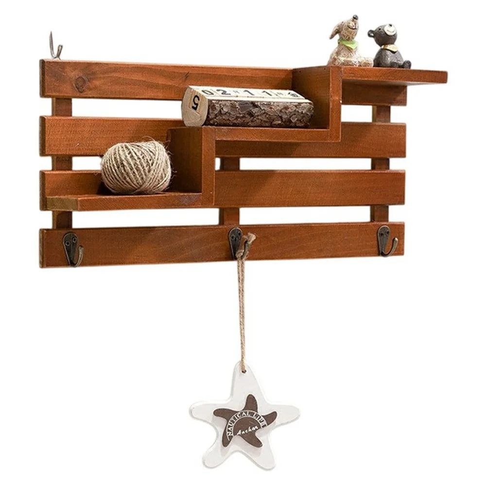 Creative Wall Mounted Shelf No Drilling Key Holder Entryway Organizer Decorative Wall Hooks for Home / Office - Brown - 1