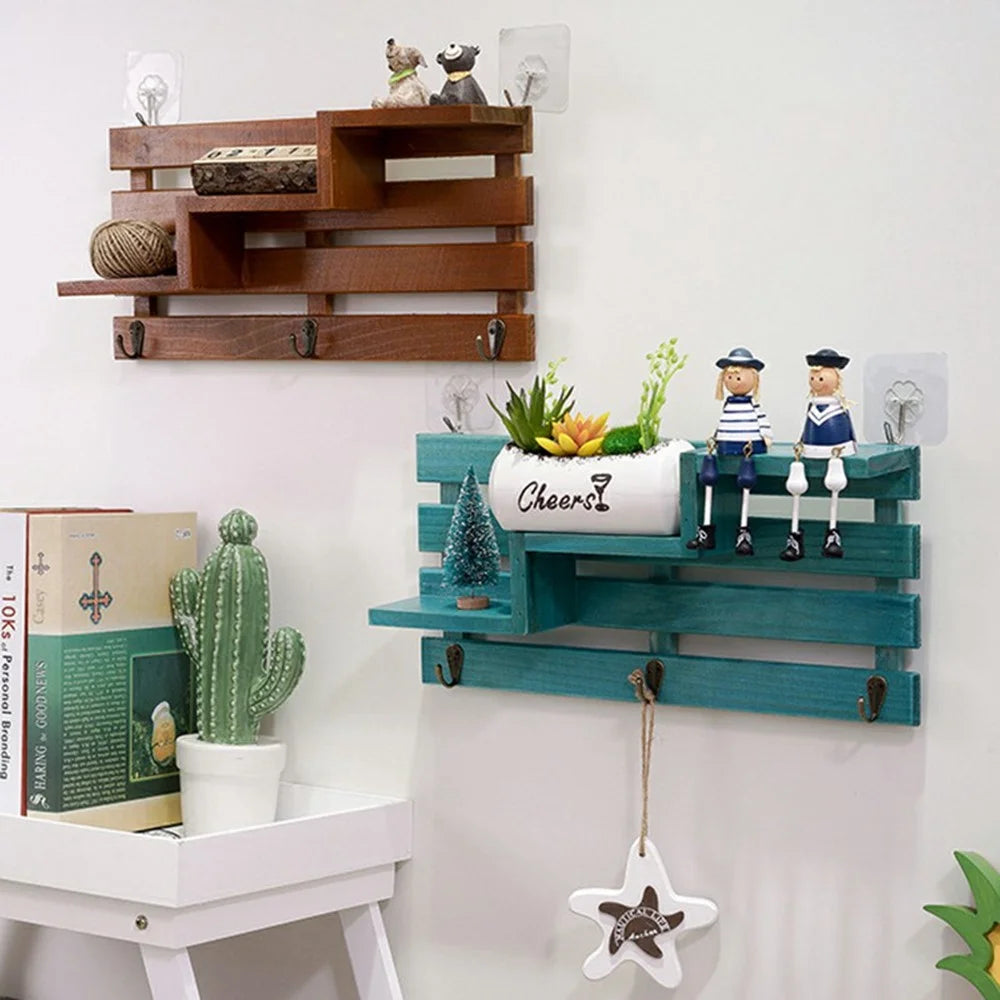 Creative Wall Mounted Shelf No Drilling Key Holder Entryway Organizer Decorative Wall Hooks for Home / Office - Brown - 2