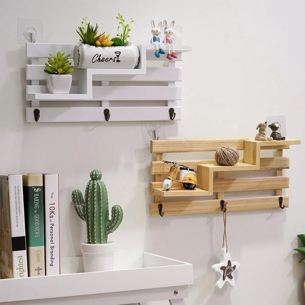 Creative Wall Mounted Shelf No Drilling Key Holder Entryway Organizer Decorative Wall Hooks for Home / Office - Brown - 3