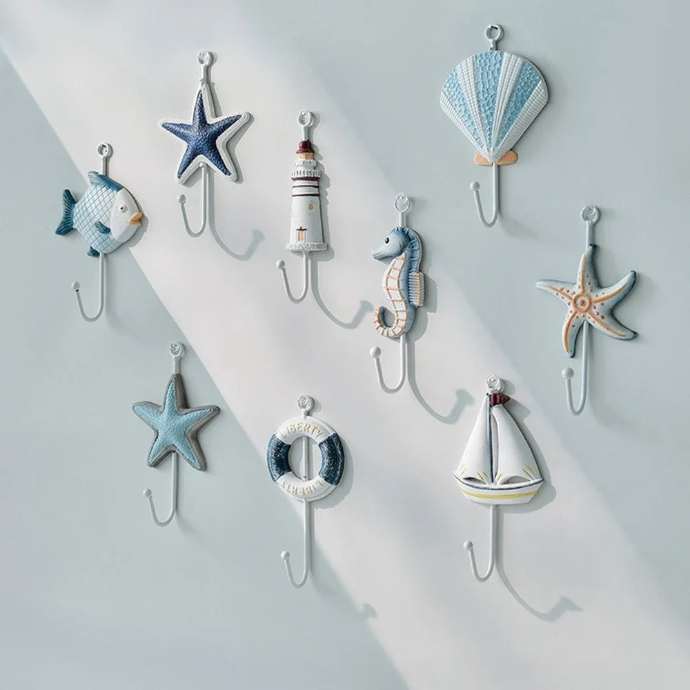 Mediterranean Style Wall Hooks Iron Coat Rack Door Hanger Ocean Theme Home Decor Storage Holder - Blue Shell - 4