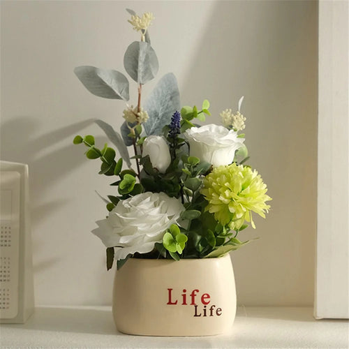 Artificial Plants Nordic Style Decorative Mini Potted Ornaments / Lifelike Faux Greenery for Office / Home - Green White Hydrangea - 1