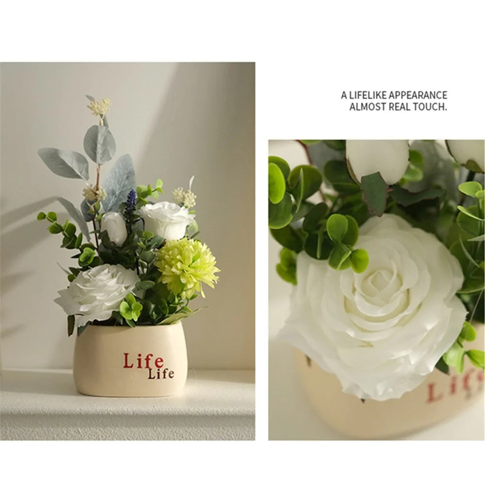 Artificial Plants Nordic Style Decorative Mini Potted Ornaments / Lifelike Faux Greenery for Office / Home - Green White Hydrangea - 2