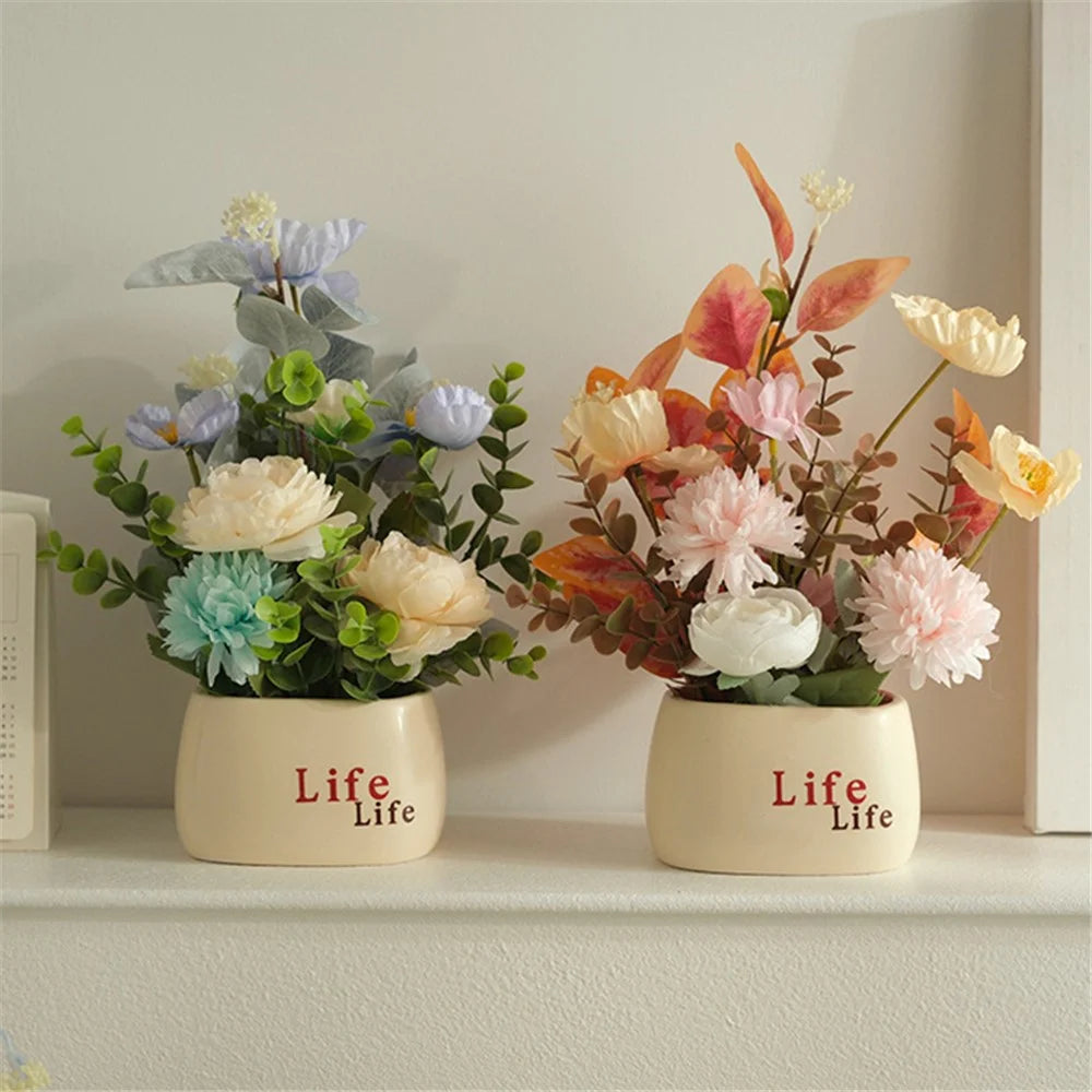 Artificial Plants Nordic Style Decorative Mini Potted Ornaments / Lifelike Faux Greenery for Office / Home - Green White Hydrangea - 5