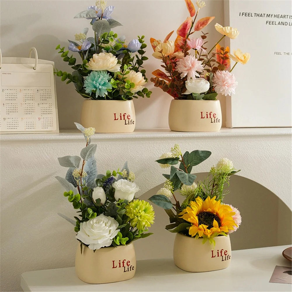 Artificial Plants Nordic Style Decorative Mini Potted Ornaments / Lifelike Faux Greenery for Office / Home - Green White Hydrangea - 6