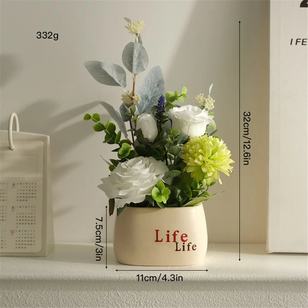 Artificial Plants Nordic Style Decorative Mini Potted Ornaments / Lifelike Faux Greenery for Office / Home - Green White Hydrangea - 7
