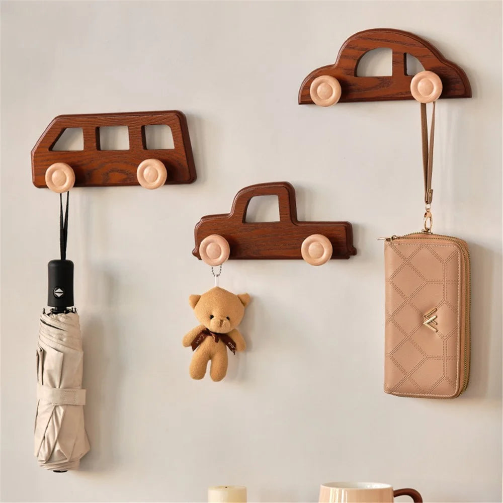 Wooden Wall Hooks for Kids Room Decorative Coat Hanger Entryway Closet Organizer Hat Rack - Classic Car - 4
