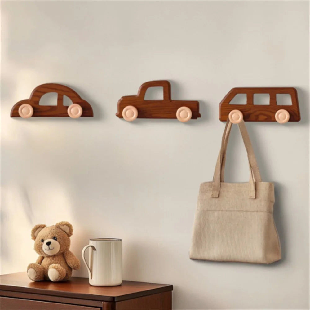 Wooden Wall Hooks for Kids Room Decorative Coat Hanger Entryway Closet Organizer Hat Rack - Classic Car - 5