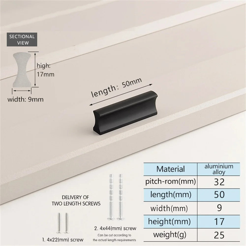 Drawer Pull 32mm Hole Center, 50mm Length Aluminum Alloy Kitchen Cabinet Handle Furniture Hardware - Matte Black - 2
