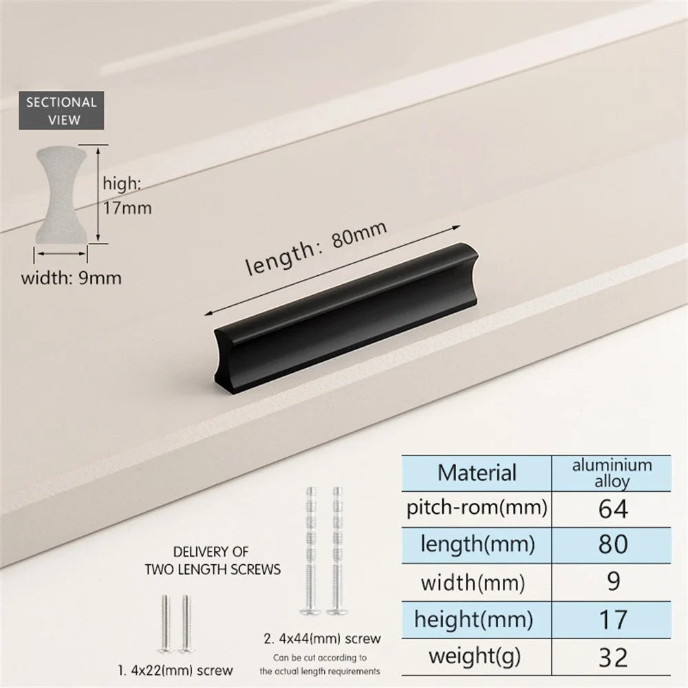 Drawer Pull 64mm Hole Center, 80mm Length Aluminum Alloy Kitchen Cabinet Handle Furniture Hardware - Matte Black - 2