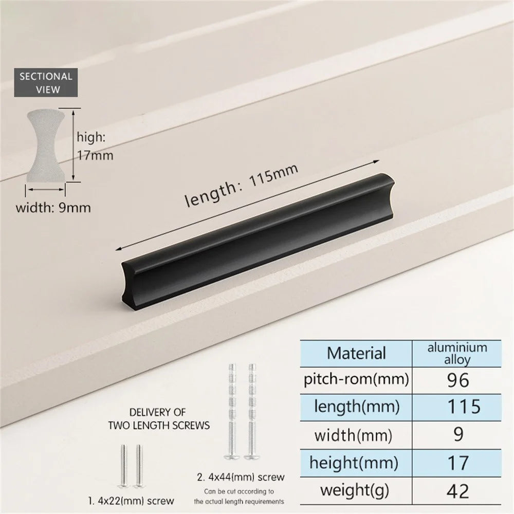 Drawer Pull 96mm Hole Cente, 115mm Lengthr Aluminum Alloy Kitchen Cabinet Handle Furniture Hardware - Matte Black - 2