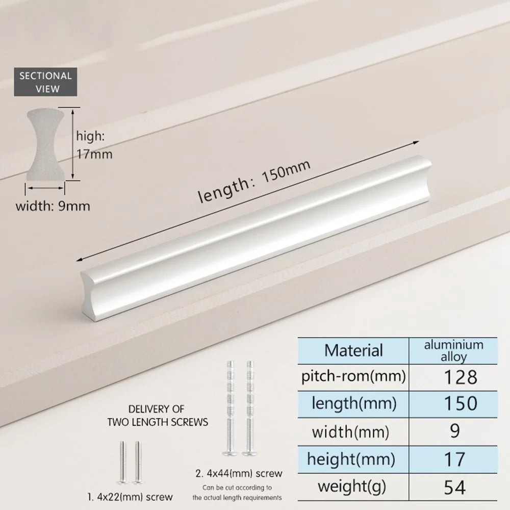 Drawer Pull 128mm Hole Center, 150mm Length Aluminum Alloy Kitchen Cabinet Handle Furniture Hardware - Matte Silver - 2