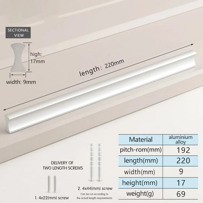 Drawer Pull 192mm Hole Center, 220mm Length Aluminum Alloy Kitchen Cabinet Handle Furniture Hardware - Matte Silver - 2