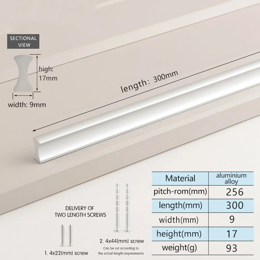 Drawer Pull 256mm Hole Center, 300mm Length Aluminum Alloy Kitchen Cabinet Handle Furniture Hardware - Matte Silver - 2