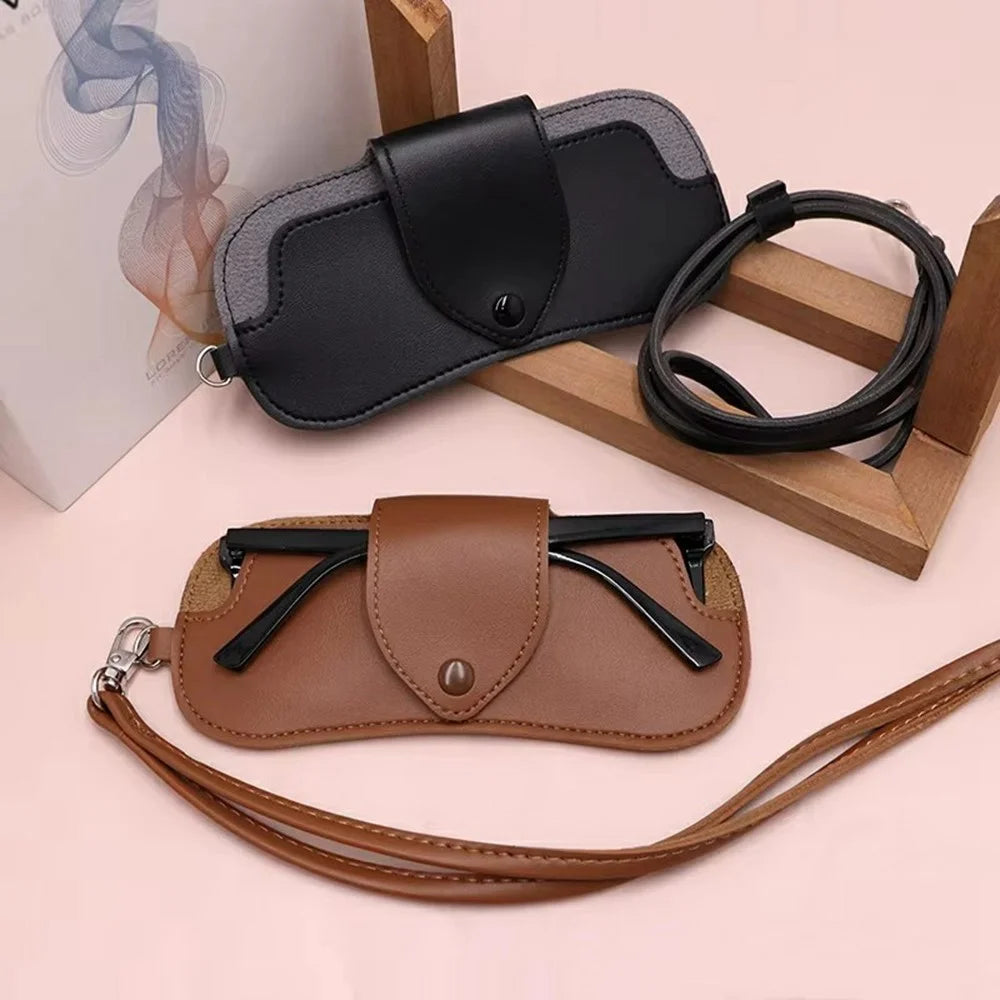 Portable Eyeglass Case Neck Hanging Sunglasses Holder PU Leather Reading Glasses Storage Pouch - Coffee - 2