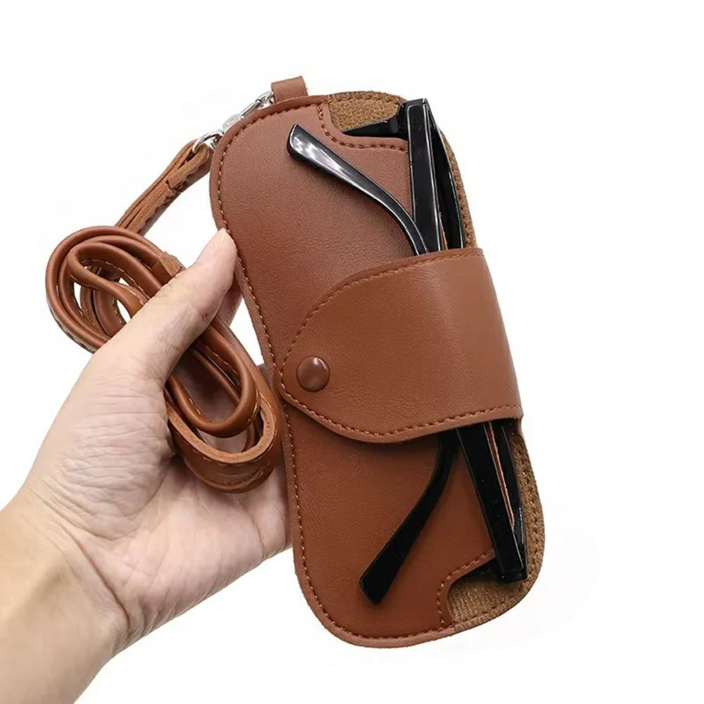 Portable Eyeglass Case Neck Hanging Sunglasses Holder PU Leather Reading Glasses Storage Pouch - Coffee - 4