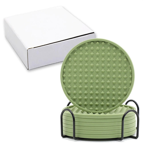 6Pcs Silicone Coasters Set with Metal Holder 10cm Round Draining Heat Resistant Non-Slip Mats - Pentagon / Bean Green - 1