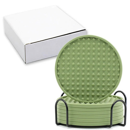8Pcs Silicone Coasters Set with Metal Holder 10cm Round Draining Heat Resistant Non-Slip Mats - Pentagon / Bean Green - 1