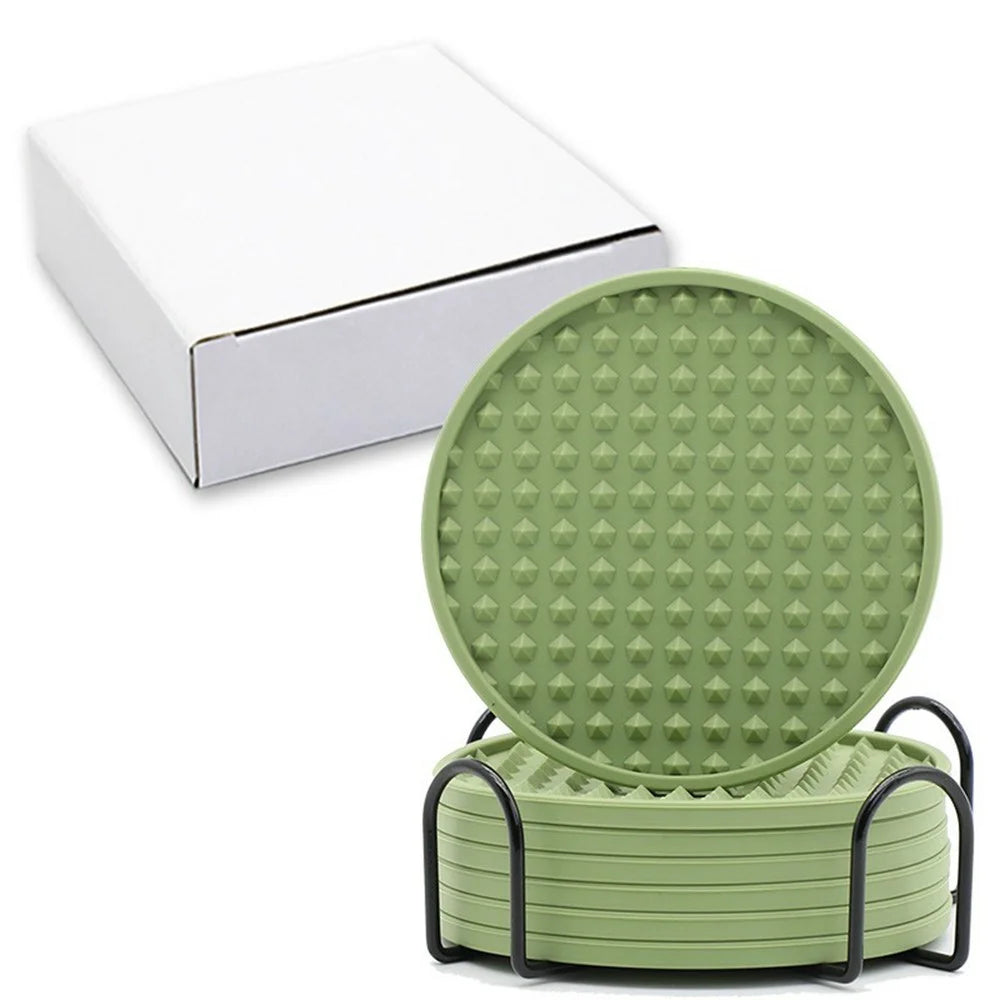 8Pcs Silicone Coasters Set with Metal Holder 10cm Round Draining Heat Resistant Non-Slip Mats - Pentagon / Bean Green - 1