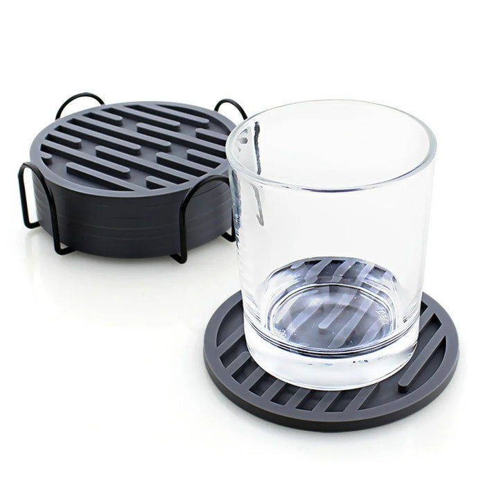 8Pcs Silicone Coasters Set with Metal Holder 10cm Round Draining Heat Resistant Non-Slip Mats - Pentagon / Bean Green - 2
