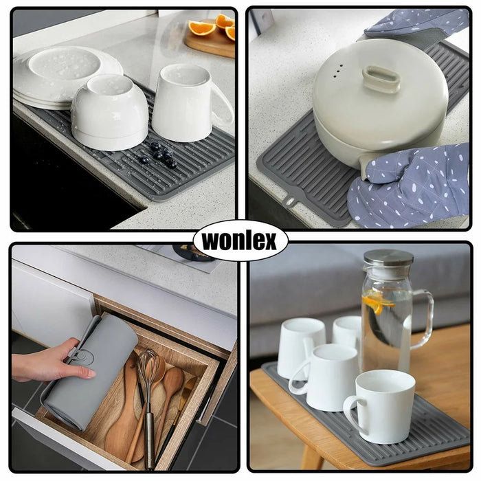 47 x 20cm Silicone Draining Mat Kitchen Heat Resistant Pad Countertop Protector Anti Slip Striped Drying Mat - Grey - 2
