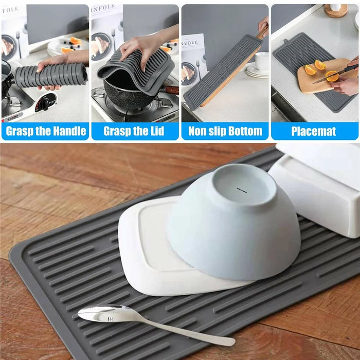 47 x 20cm Silicone Draining Mat Kitchen Heat Resistant Pad Countertop Protector Anti Slip Striped Drying Mat - Grey - 3