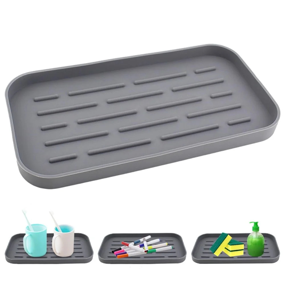 Silicone Draining Mat Kitchen Heat Resistant Pad Non-Slip Striped Bathroom Drying Tray, 25.3x13.3cm - Grey - 2