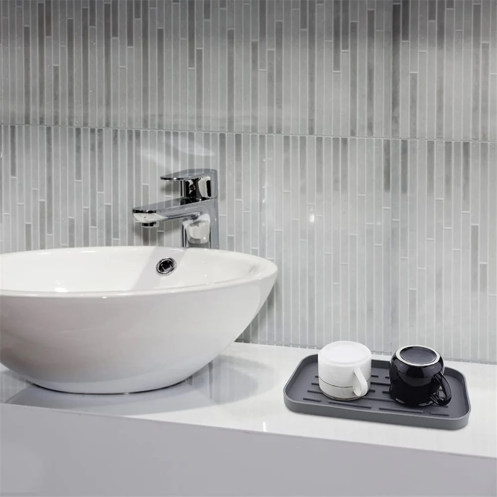 Silicone Draining Mat Kitchen Heat Resistant Pad Non-Slip Striped Bathroom Drying Tray, 25.3x13.3cm - Grey - 6