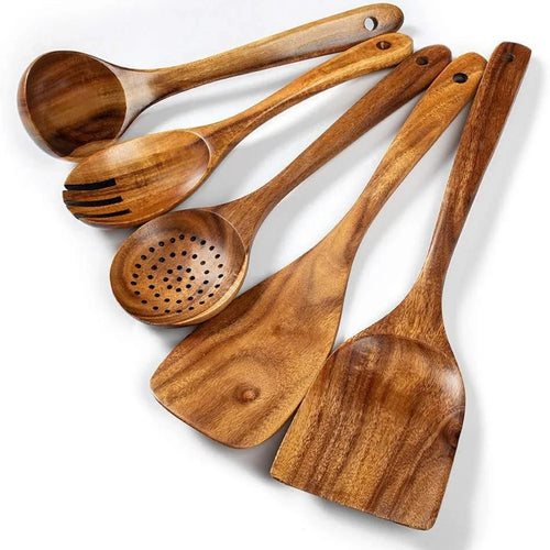 5Pcs / Set Acacia Wood Kitchen Utensil Ladle Spatula Salad Fork Home Cooking Tools (BPA Free, No FDA) - 1