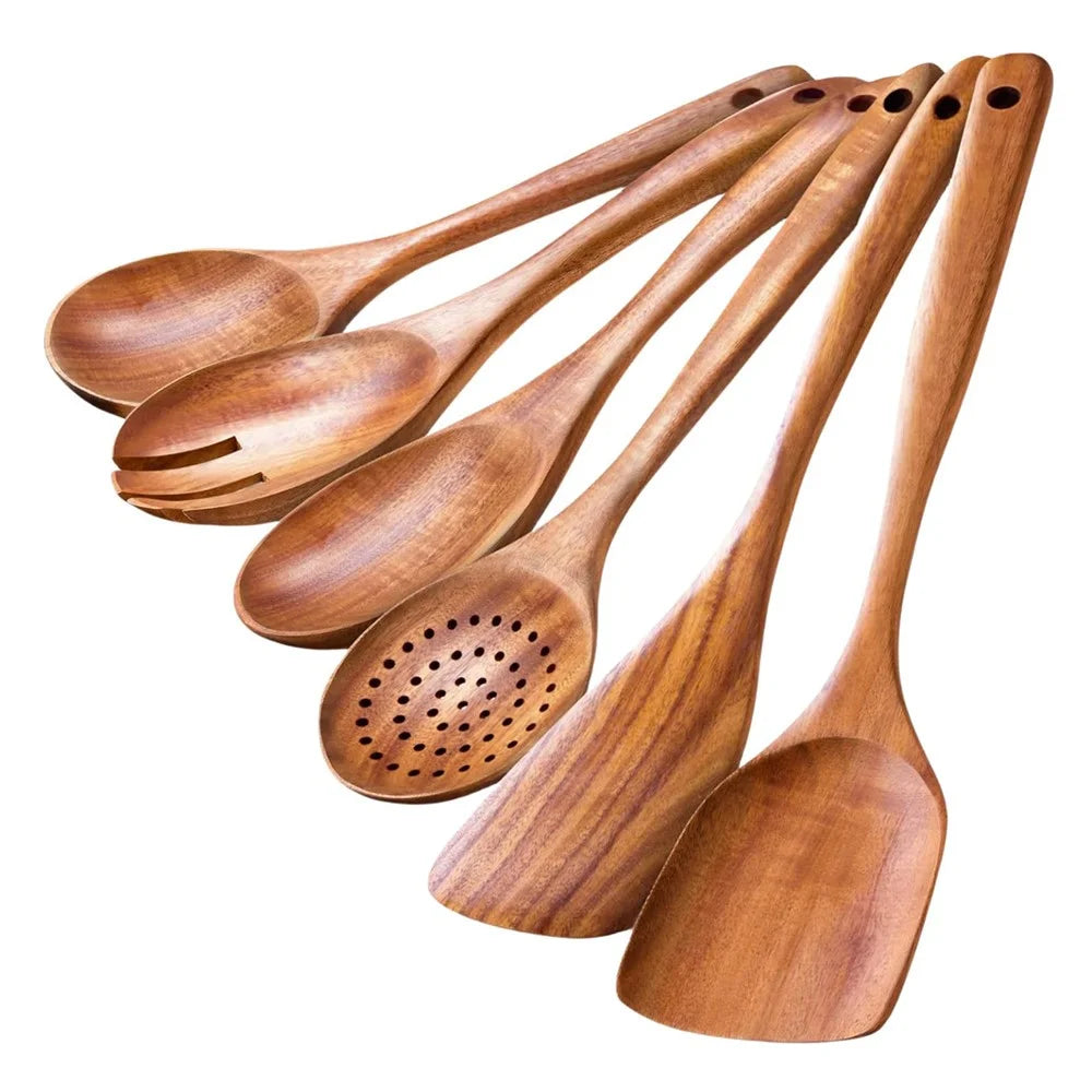 6Pcs / Set Acacia Wood Kitchen Utensil Soup Spoon Spatula Salad Fork Home Cooking Tools (BPA Free, No FDA) - 1