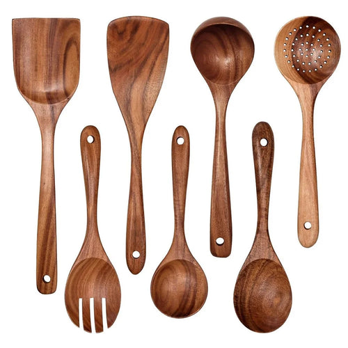 7Pcs / Set Acacia Wood Kitchen Utensil Soup Spoon Spatula Skimmer Spoon Salad Fork Home Cooking Tools (BPA Free, No FDA) - 1