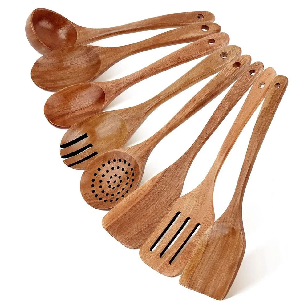 8Pcs / Set Acacia Wood Kitchen Utensil Soup Spoon Spatula Skimmer Spoon Salad Fork Cooking Tools (BPA Free, No FDA) - 1