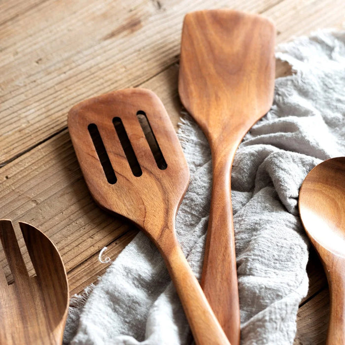 9Pcs / Set Acacia Wood Kitchen Utensil Soup Spoon Spatula Skimmer Spoon Salad Fork Noodle Scoop Cooking Tools (BPA Free, No FDA) - 7
