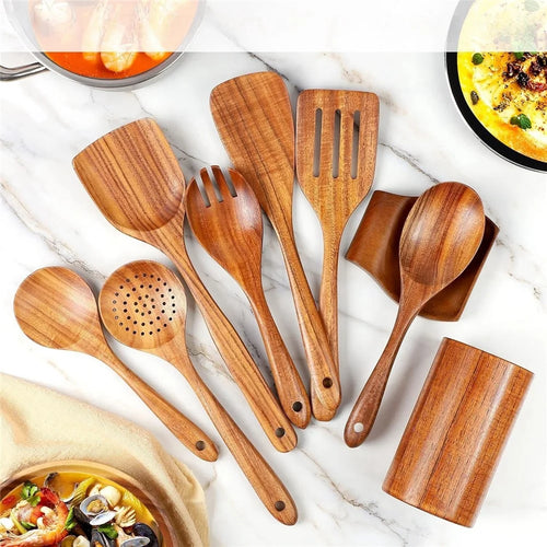 9Pcs / Set Acacia Wood Kitchen Tools Soup Spoon Spatula Skimmer Spoon Salad Fork Utensil Barrel Kit (BPA Free, No FDA) - 1