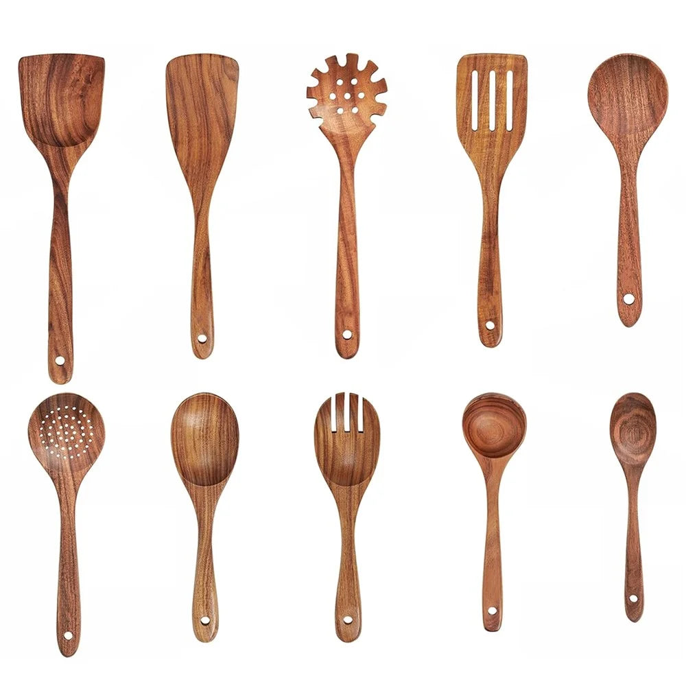 10Pcs / Set Acacia Wood Kitchen Utensil Soup Oil Spoon Spatula Salad Fork Skimmer Spoon Noodle Scoop Cooking Tools (BPA Free, No FDA) - 1