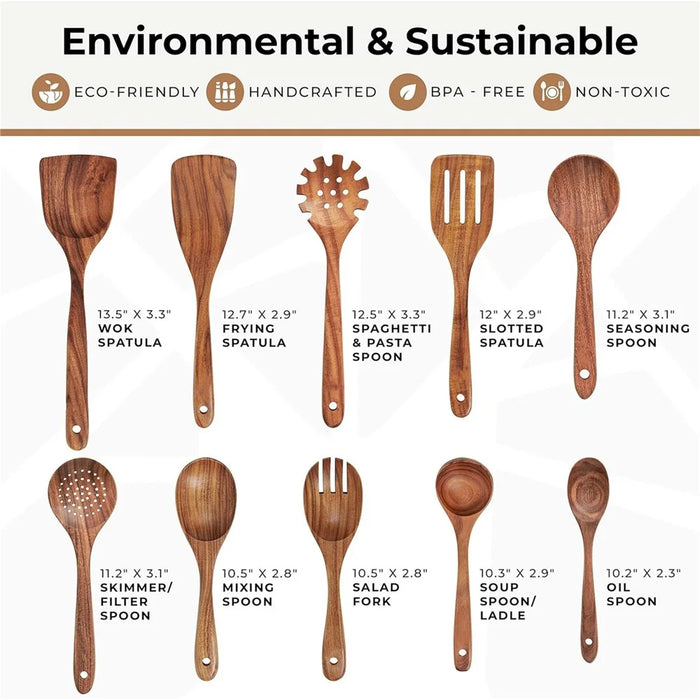 10Pcs / Set Acacia Wood Kitchen Utensil Soup Oil Spoon Spatula Salad Fork Skimmer Spoon Noodle Scoop Cooking Tools (BPA Free, No FDA) - 2