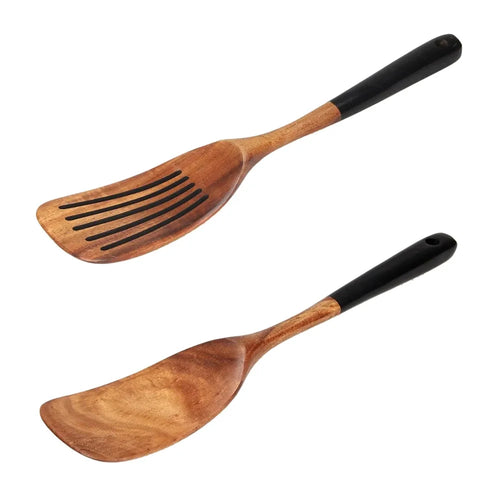 2Pcs / Set Acacia Wood Cooking Utensil Long Handle Spatula + Slotted Spatula Kitchen Tools (BPA Free, No FDA) - Black - 1