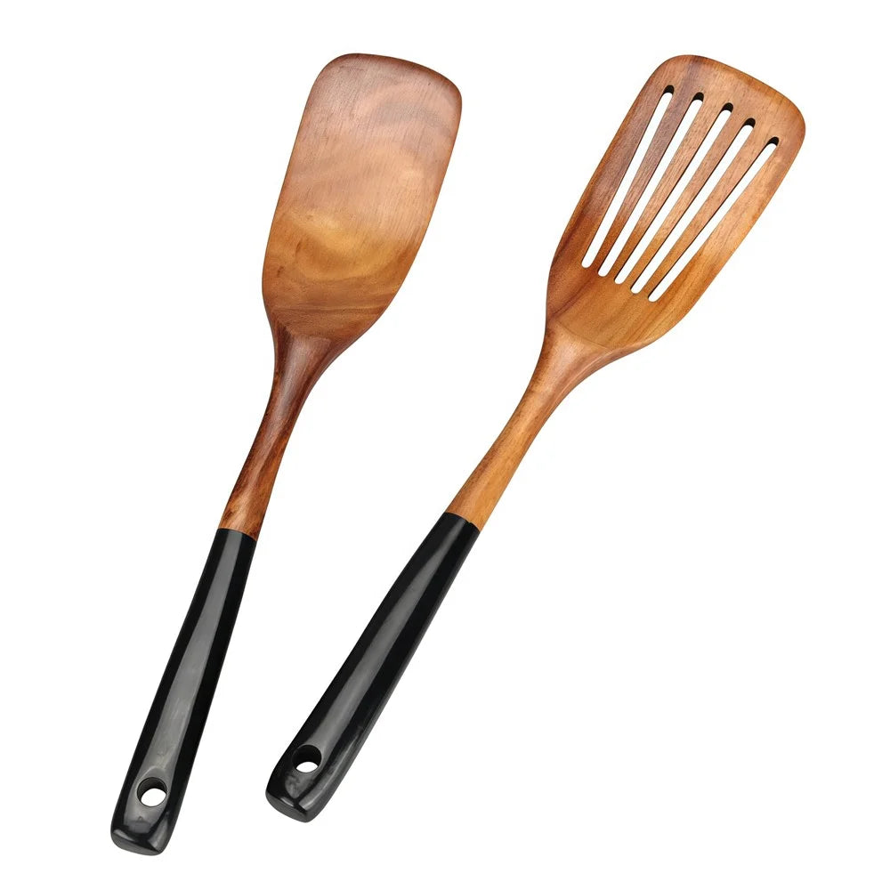 2Pcs / Set Acacia Wood Cooking Utensil Long Handle Spatula + Slotted Spatula Kitchen Tools (BPA Free, No FDA) - Black - 2
