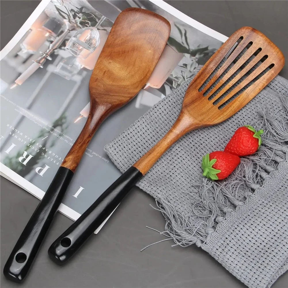 2Pcs / Set Acacia Wood Cooking Utensil Long Handle Spatula + Slotted Spatula Kitchen Tools (BPA Free, No FDA) - Black - 3