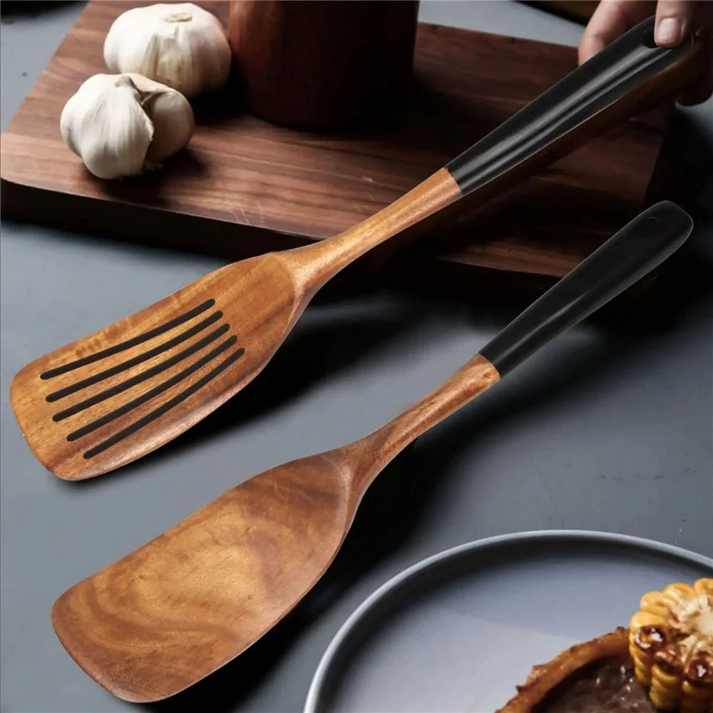 2Pcs / Set Acacia Wood Cooking Utensil Long Handle Spatula + Slotted Spatula Kitchen Tools (BPA Free, No FDA) - Black - 4