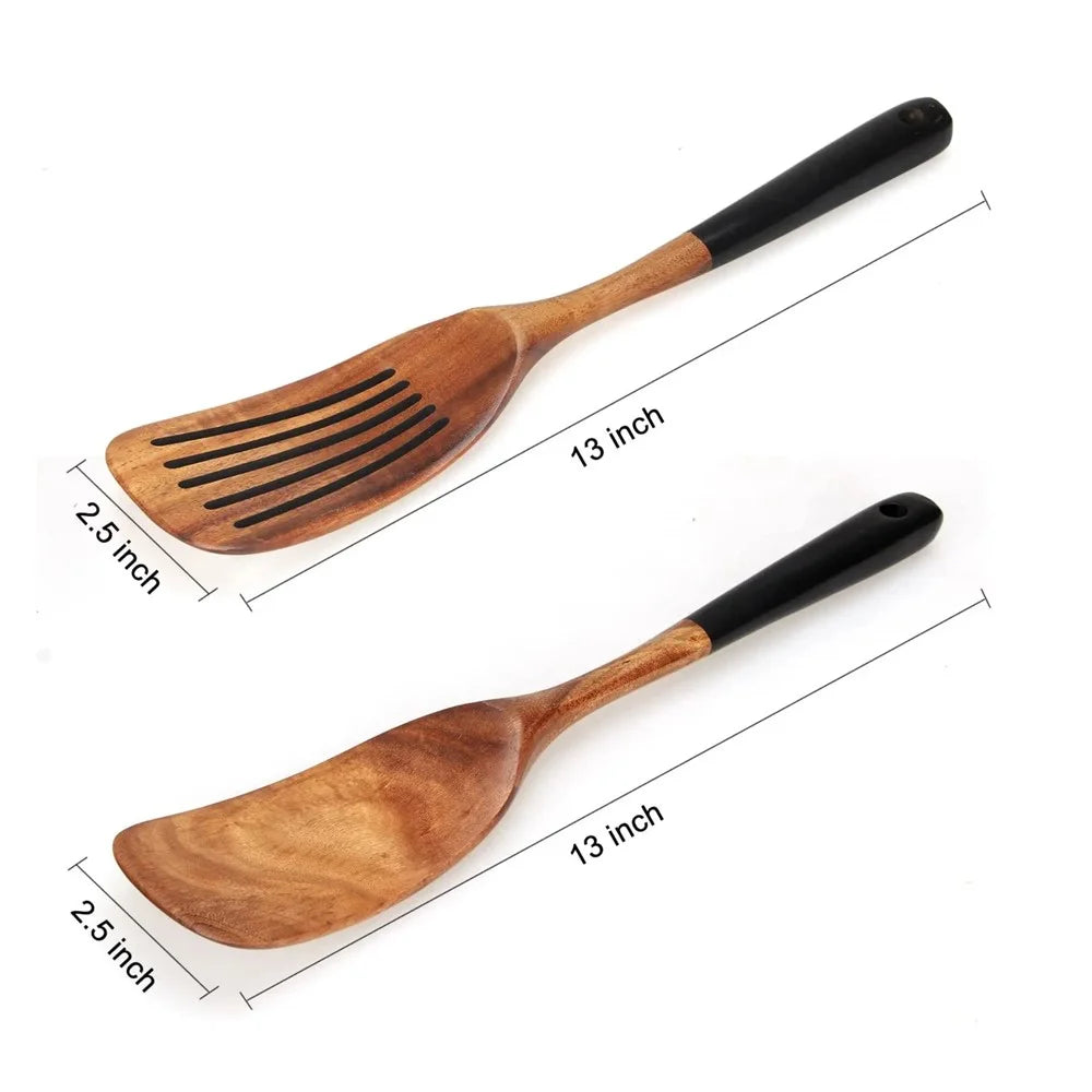 2Pcs / Set Acacia Wood Cooking Utensil Long Handle Spatula + Slotted Spatula Kitchen Tools (BPA Free, No FDA) - Black - 5