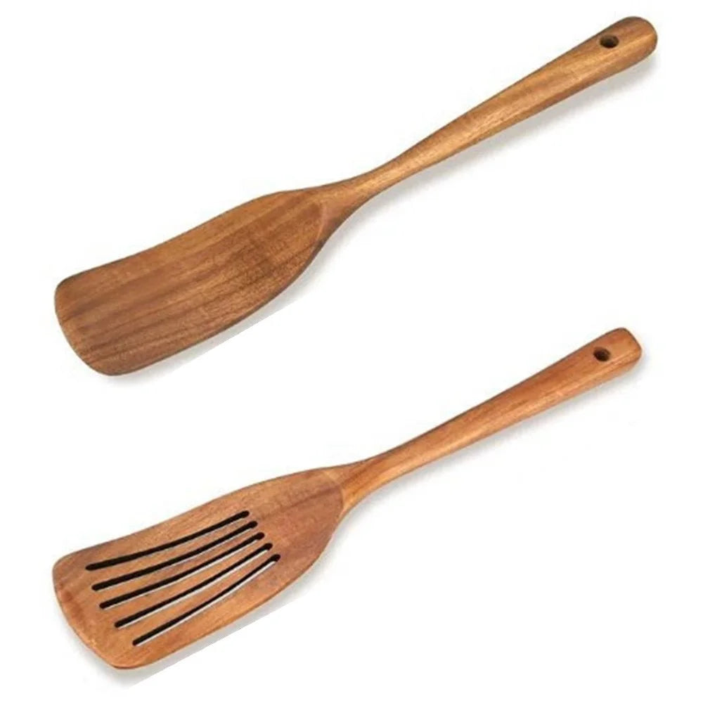 2Pcs / Set Acacia Wood Cooking Utensil Long Handle Spatula + Slotted Spatula Kitchen Tools (BPA Free, No FDA) - Wood Color - 1