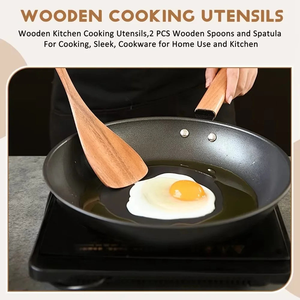 2Pcs / Set Acacia Wood Cooking Utensil Long Handle Spatula + Slotted Spatula Kitchen Tools (BPA Free, No FDA) - Wood Color - 3