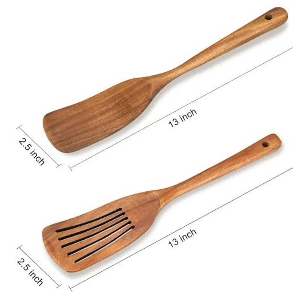 2Pcs / Set Acacia Wood Cooking Utensil Long Handle Spatula + Slotted Spatula Kitchen Tools (BPA Free, No FDA) - Wood Color - 4