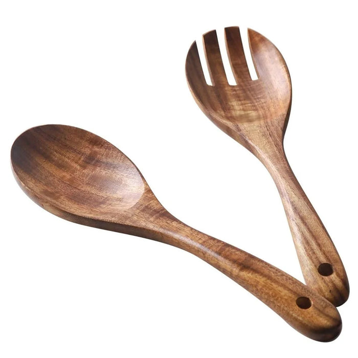 2Pcs / Set Acacia Wood Utensil Rice Spoon + Salad Fork Kitchen Tools (BPA Free, No FDA) - 1