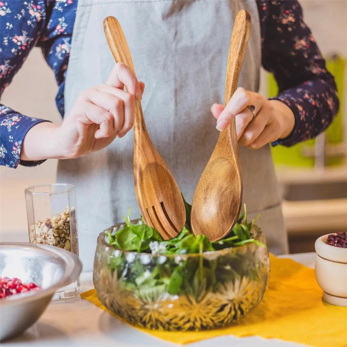 2Pcs / Set Acacia Wood Utensil Rice Spoon + Salad Fork Kitchen Tools (BPA Free, No FDA) - 2